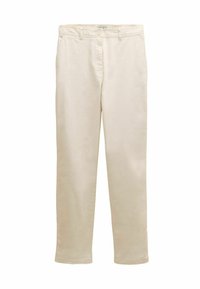 Pantaloni bej din bumbac, cu design drept al piciorului, prevăzuți cu închidere cu nasture, curele pentru curea și două buzunare laterale. Textură netedă, fără modele.