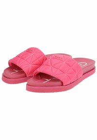 Pink quilted slide sandals feature a textured strap, smooth sole, and a simple logo. Design emphasizes comfort and ease of wear.