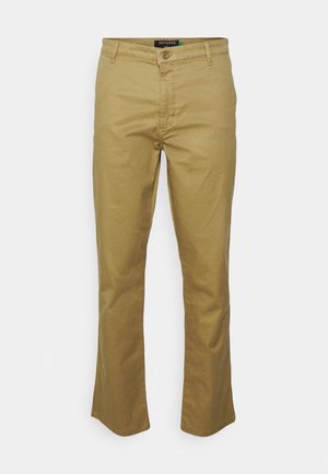 Pantalons en coton kaki avec une coupe droite, dotés d'une fermeture à bouton, de poches avant standards et d'une texture lisse et unie.