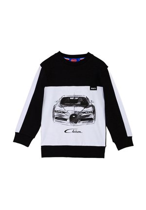 Schwarzer und weißer Pullover mit einer Skizze eines Bugatti Chiron, langen Ärmeln und rundem Halsausschnitt. Das Design umfasst kontrastierende Schulterpaneele.