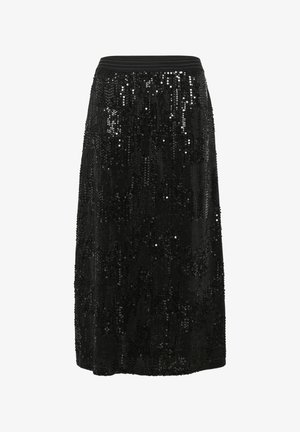 Čierna midi sukňa s flitrami a elastickým pásom, ktorá má textúrovaný povrch a žiariace reflexné detaily po celej ploche.