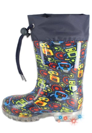 Kinderregenstiefel mit bunten Roboter- und Zahnradmuster, marineblauer Manschette mit verstellbarem Kordelzug und Leuchtsohle mit roten und blauen LEDs.