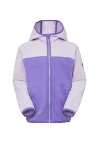 Giacca in fleece bicolore viola con cappuccio, zip frontale, grandi tasche anteriori e loghi del marchio sul petto e sulla parte superiore della manica.
