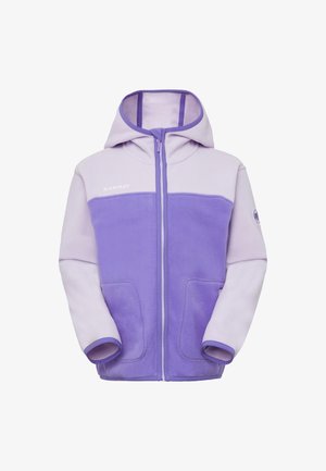 Veste en polaire bicolore violet avec capuche, fermeture éclair à l'avant, grandes poches avant et logos de la marque sur la poitrine et la manche supérieure.