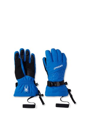 Par de guantes de invierno azules con palmas negras, correas ajustables en las muñecas, el logo blanco de una araña y la marca "Spyder" en el dorso de la mano.