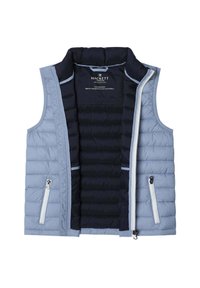 Gilet rembourré bleu clair avec une doublure marine, présentant une texture matelassée diagonale, une fermeture éclair blanche et un accent contrastant le long des bords.