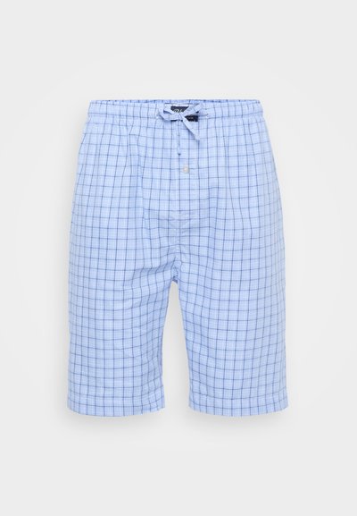 Ανοιχτόμπλε καρό σορτσάκι με ελαστική μέση, κορδόνι και κουμπί. Φτιαγμένο από μαλακό ύφασμα, με μοτίβο πλέγματος.