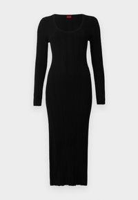 Black ribbed long-sleeve dress with a fitted silhouette, featuring a scoop neckline and a floor-length hem. Soft texture and minimal detailing.
