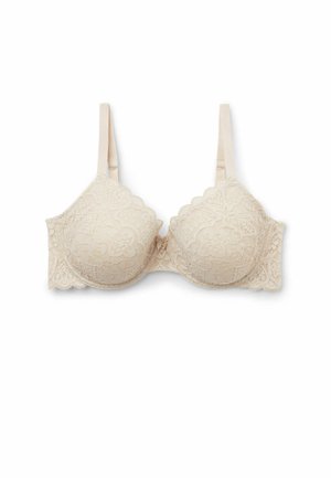 Beige Spitze-BH mit gewellten Kanten, gepolsterten Cups und verstellbaren Trägern. Florales Muster auf dem Stoff, glatte Textur und Hakenverschluss auf der Rückseite.