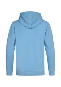 Ljusblå hoodie med en mjuk textur, långa ärmar och en justerbar huva. Har en enfärgad baksida utan logotyper eller mönster.