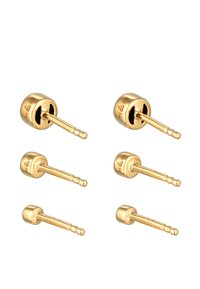 Guldtonade örhängen med rund stud-design, med en slät yta och texturerad stift. Graverade mönster synliga på baksidan.