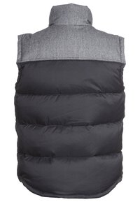Gepolsterte schwarze Weste mit einem Fischgrätmuster im oberen Bereich, mit hohem Kragen und ärmellosem Design.
