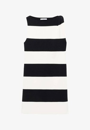 Hihaton mekko, jossa on rohkeat musta-valkoiset vaakaRaidat, pyöreä kaula-aukko ja ainutlaatuinen olkatietä. Sileä kankaan tekstuuri.