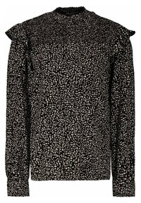 Blouse noire à manches longues avec un motif blanc moucheté, des détails froncés aux épaules et un col montant smocké. Fabriquée en tissu léger.