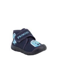 Scarpa in tessuto blu navy con cinturino in Velcro e personaggio blu ricamato. Suola in gomma nera con grip testurizzato e design con punta arrotondata.