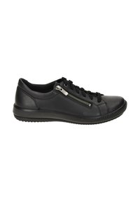 Sneaker en cuir noir avec un bout rond, semelle en caoutchouc, design à lacets et fermeture éclair sur le côté pour un accès facile. Texture lisse avec des accents minimaux.