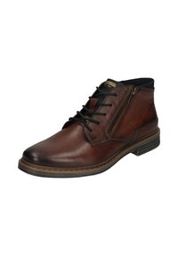 Bruine leren herenenkellaars met zwarte veters, zijrits en gelaagde zool, in een hoek gepositioneerd om de buitenzijde en voorkant te tonen.