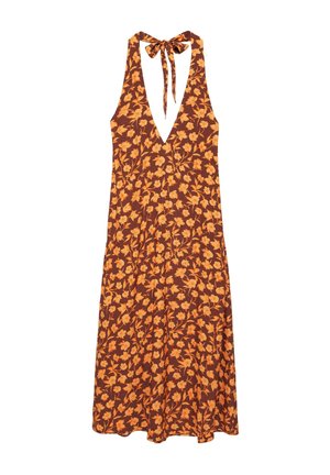 Braunes Neckholderkleid mit orangefarbenem Blumenmuster, tiefem V-Ausschnitt und schwingendem Midirock.