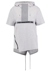 Gray short-sleeve hoodie, featuring a front zipper pocket, drawstring hood, and asymmetrical hem with side zip detail. Soft fabric texture.