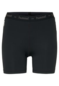Black athletic shorts featuring a tight fit, elastic waistband with embossed brand name, and smooth, stretchy fabric.