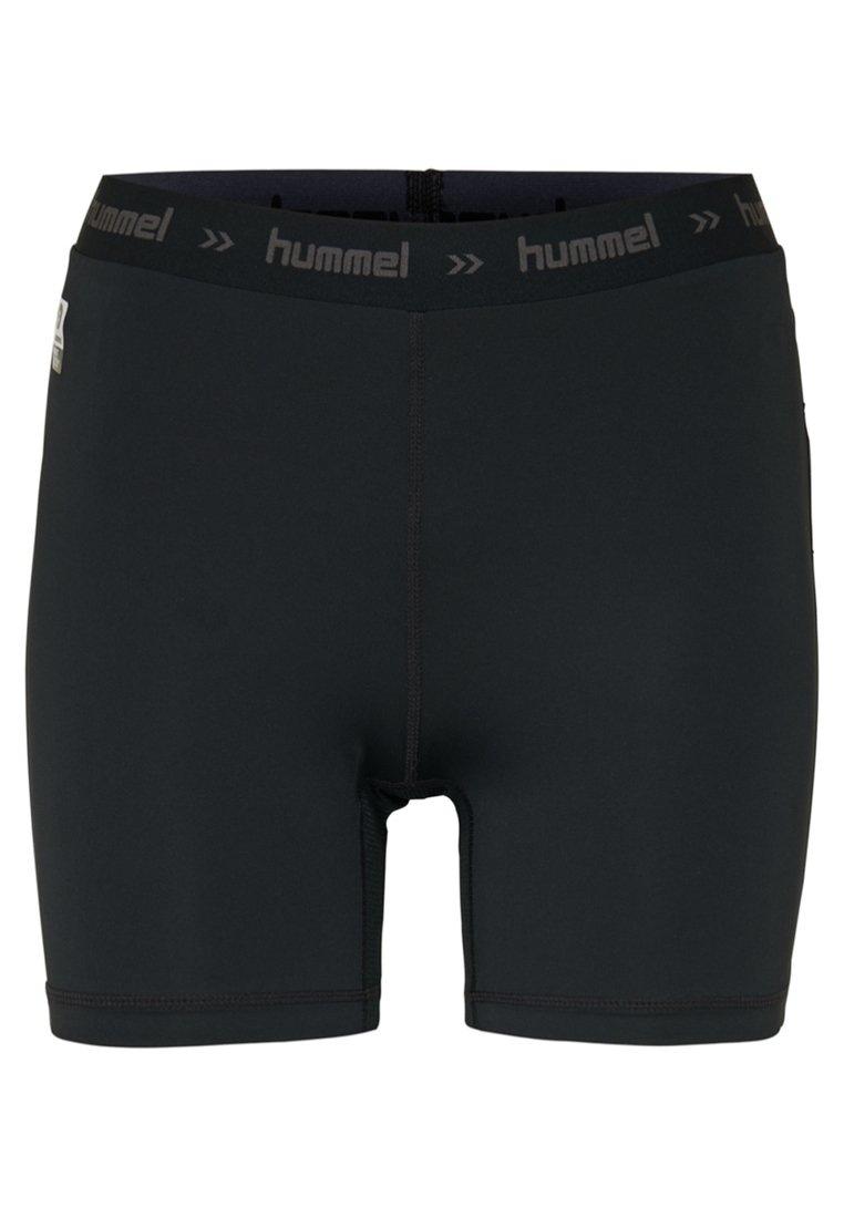 Black athletic shorts featuring a tight fit, elastic waistband with embossed brand name, and smooth, stretchy fabric.