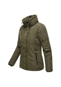 Olive green puffer jacket with a hood, zippered pockets, and drawstring. Features a textured surface and insulated design for warmth.