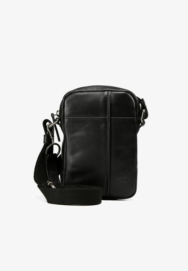 Borsa a tracolla nera in pelle con forma rettangolare, texture liscia e tracolla regolabile. Caratterizzata da una chiusura con zip e dettagli di cucitura minimali.