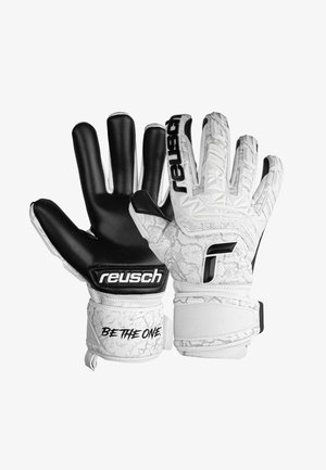 White and black goalkeeper gloves with textured patterns, flexible fingers, and a secure wrist strap. Features brand logo on backhand.