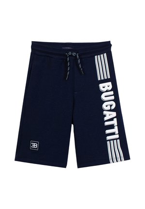 Pantaloncini blu navy con scritta verticale bianca "BUGATTI" e strisce sulla gamba destra, vita con coulisse e piccolo logo "EB" vicino all'orlo sinistro.