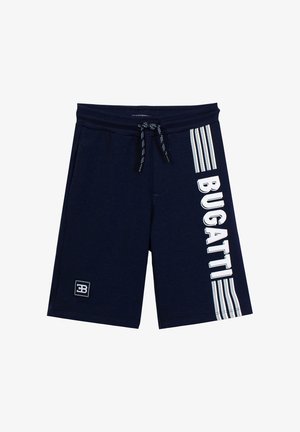 Marineblaue Shorts mit weißem vertikalem "BUGATTI"-Schriftzug und Streifen am rechten Bein, Kordelzugbund und kleinem "EB"-Logo nahe dem linken Saum.