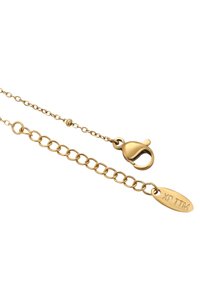 Collana in oro con chiusura a gancio e etichetta ovale contrassegnata "XP TTM". Presenta anelli circolari e una finitura liscia e lucida.