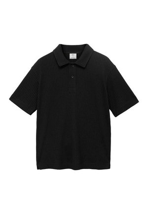 Black short-sleeve polo shirt with a ribbed texture, a collar, and three buttons on the placket; relaxed fit and straight hem.