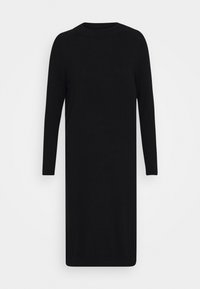 Robe midi noire à manches longues avec un col rond, une coupe droite et un design simple sur fond blanc.