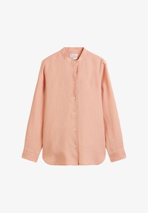 Helles rosa Langarm-Hemd aus Leinen mit Stehkragen und geradem Saum. Besitzt sieben Knöpfe auf der Vorderseite.