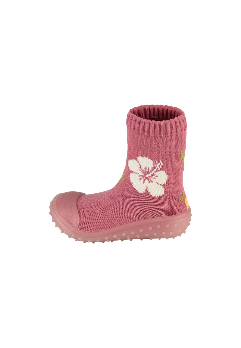 Rosa gestrickter Stiefel mit einem Blumendesign, Gummikappe und strukturierter Sohle. Verfügt über einen gerippten Bund und bunte Blumenakzente.