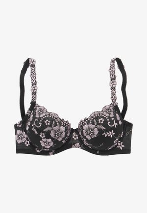 Schwarzer Spitzenbh mit floralen Stickereien in Pink und Lavendel, ausgestattet mit vorgeformten Cups, verstellbaren Trägern und gewellten Kanten.