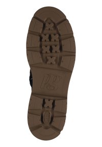 Suela de zapato de goma en marrón con una superficie de agarre texturizada que presenta patrones en cruz y un logotipo moldeado, diseñada para tracción y estabilidad.