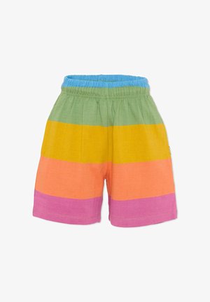 Kolorowe spodenki w paski z zielonymi, żółtymi, pomarańczowymi i różowymi poziomymi pasami. Elastyczny pas z jasnoniebieskim wykończeniem. Miękka faktura materiału.