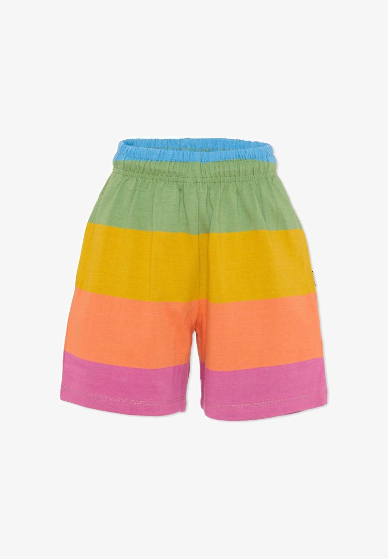 Shorts rayés colorés avec des bandes horizontales vertes, jaunes, orange et roses. Taille élastique avec un bordure bleu clair. Texture de tissu douce.