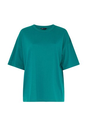 Luźna, krótkorękawowa koszulka typu crew neck w kolorze morskim, z opuszczonymi ramionami, wykonana z gładkiej tkaniny.