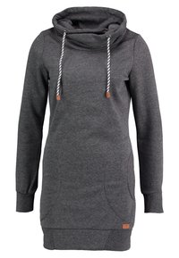 Szara sukienka z kapturem wykonana z miękkiego materiału dresowego. Posiada wysoki kołnierz, sznurki oraz kieszenie z ściągaczami na rękawach i dole.