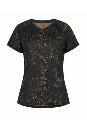 T-shirt nera a maniche corte con scollo a V, taglio aderente e motivo astratto marrone a schizzi su tutto il tessuto.