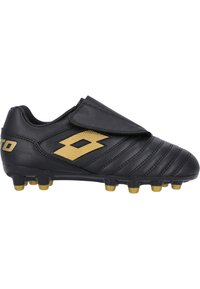 Svart fotbollssko med ett texturerat läderöverdrag, guld logotyp och detaljer, en kardborreband och en sula med flera dobbar i svart och guld.