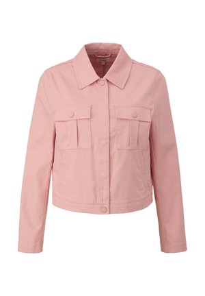 Helle rosa, kurz geschnittene Jacke aus gewebtem Stoff, mit Kragen, Knopfverschluss und zwei vorderen Klappentaschen. Glatte Textur, lässiges Design.