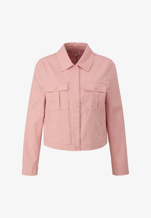 Helle rosa, kurz geschnittene Jacke aus gewebtem Stoff, mit Kragen, Knopfverschluss und zwei vorderen Klappentaschen. Glatte Textur, lässiges Design.