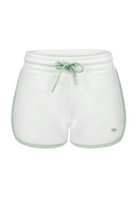 Shorts en coton blanc avec des bords verts, taille élastique et cordon de serrage. Dispose d'un logo discret en bas à gauche. Texture lisse.
