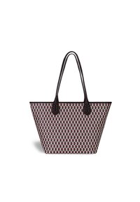 Tote bag med et geometrisk mønster i pink og lilla nuancer, med to sorte håndtag og et struktureret, åbent design.