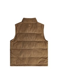 Brun kordfløyels puffervest med høy krage og kviltet tekstur. Har diskret logodetalj på baksiden, noe som gir et strømlinjeformet design.