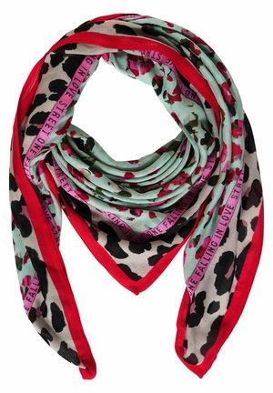Triangular scarf with red border, mint green and beige leopard print, pink floral accents, and repeated pink text along edges.