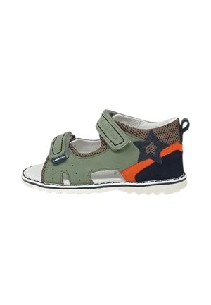 Sandalo aperto per bambini in verde, arancione e blu navy con due cinturini regolabili e un dettaglio a forma di stella sul lato.